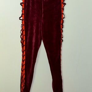 Fenty Velvet Burgundy Pants with Orange Lace-Up Sides
